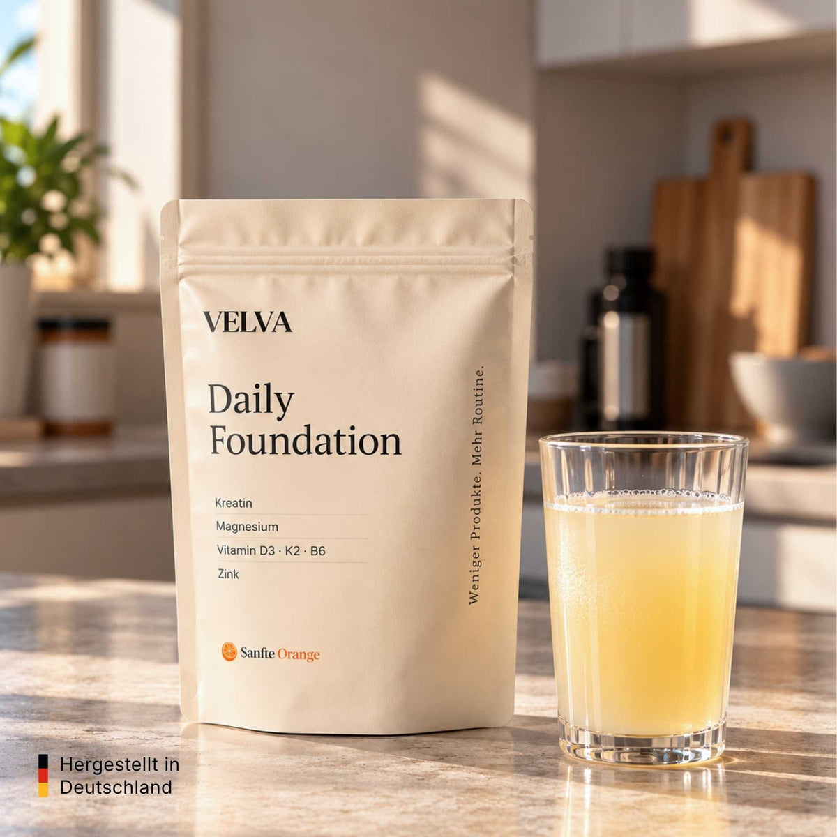 VELVA Daily Foundation Nahrungsergänzung neben einem Glas der zubereiteten Tagesportion